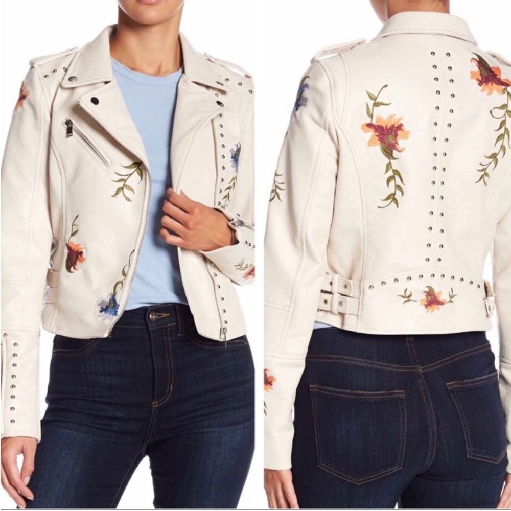 Romeo & Juliet Couture Cream Floral Studded Moto Jacket